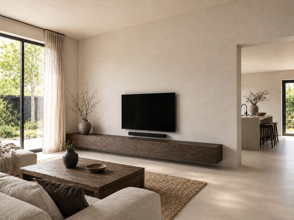 Moderne woonkamer met beton ciré wand en warme natuurlijke uitstraling