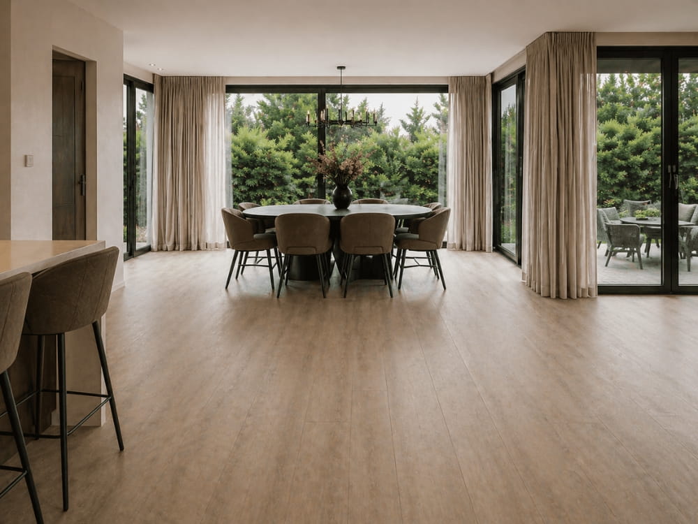 Moderne pvc vloer in luxe eetkamer met grote raam en warme uitstraling