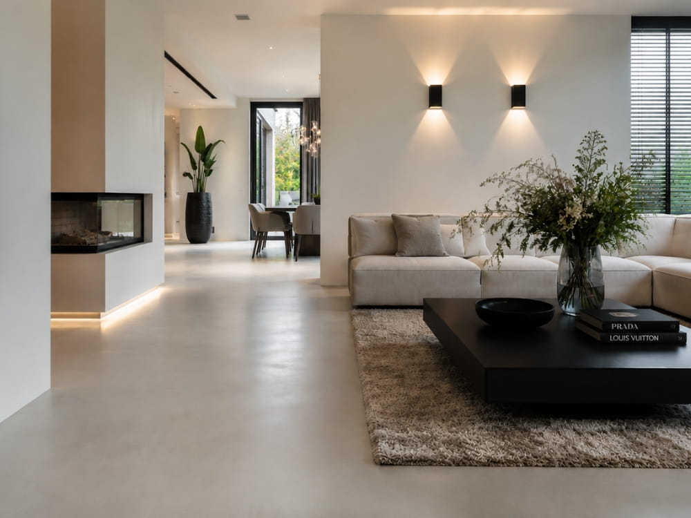 Moderne PU gietvloer in stijlvolle woonkamer met strak interieur