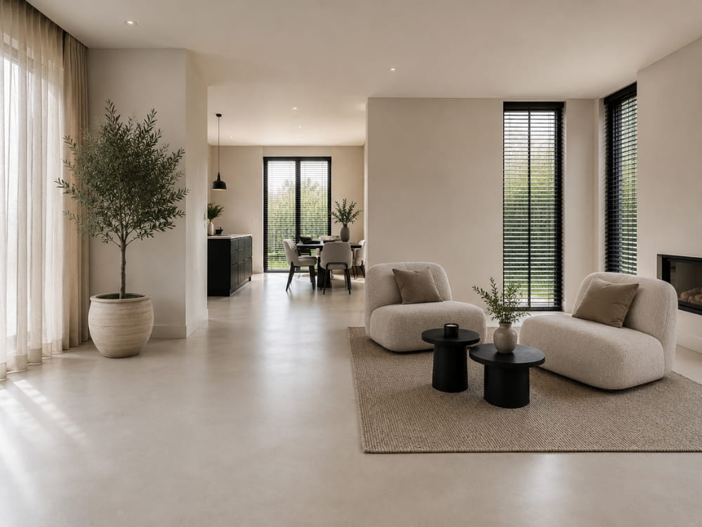 Lichte PU gietvloer in moderne luxe woonkamer met minimalistisch interieur