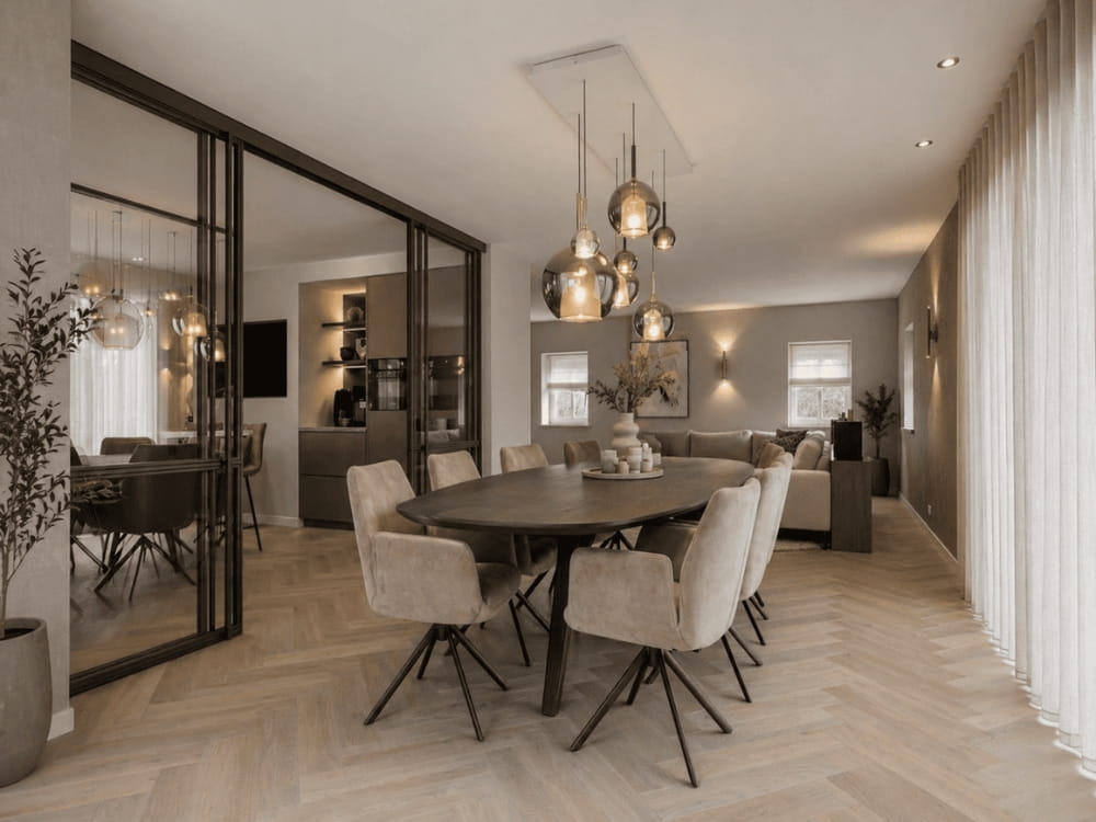 Moderne visgraat pvc vloer in stijlvolle eetkamer en woonkamer
