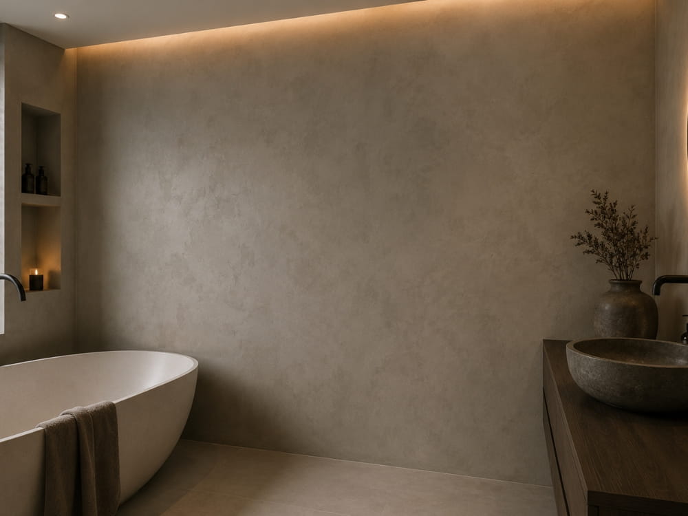 Luxe beton ciré muur over tegels geplaatst in badkamer