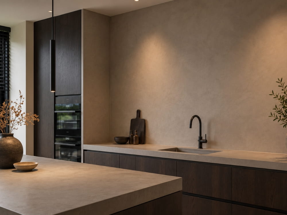Prachtige beton cire muur als afwerking in een open luxe keuken§