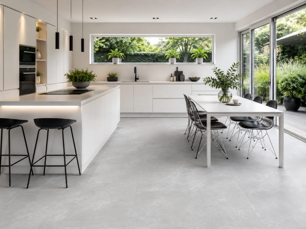 PVC vloertegel gelegd met vloerverwarming in open leefkeuken.